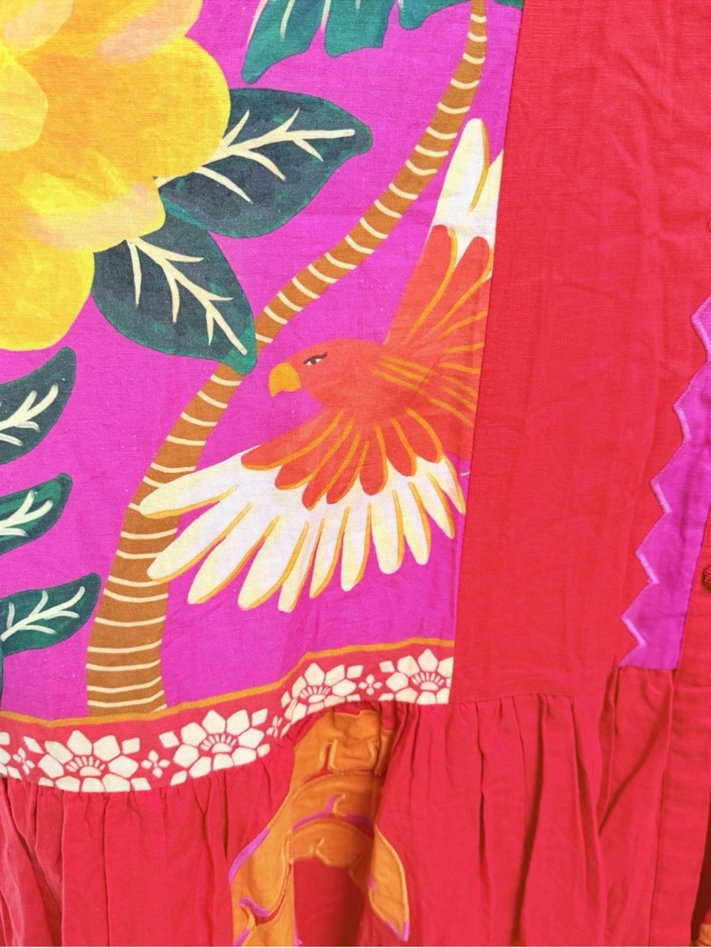 Farm Rio Embroidered Sunset Patchwork Maxi Dress Medium Tropical Parrots - Picture 6 of 7
